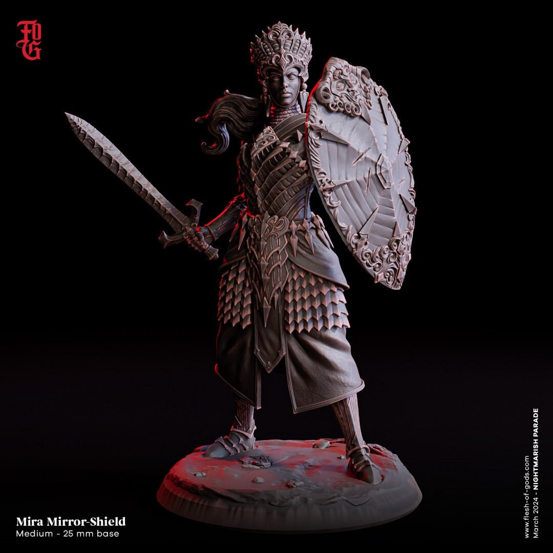 Mira, Mirror Shield by Flesh of Gods | High Quality 3D Print | Tabletop RPG Miniature Figures