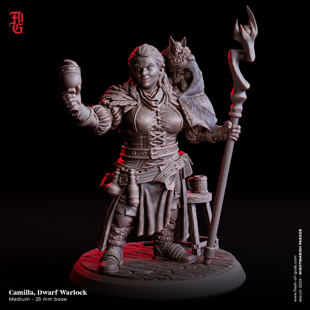 Camilla, Dwarf Warlock by Flesh of Gods | High Quality 3D Print | Tabletop RPG Miniature Figures